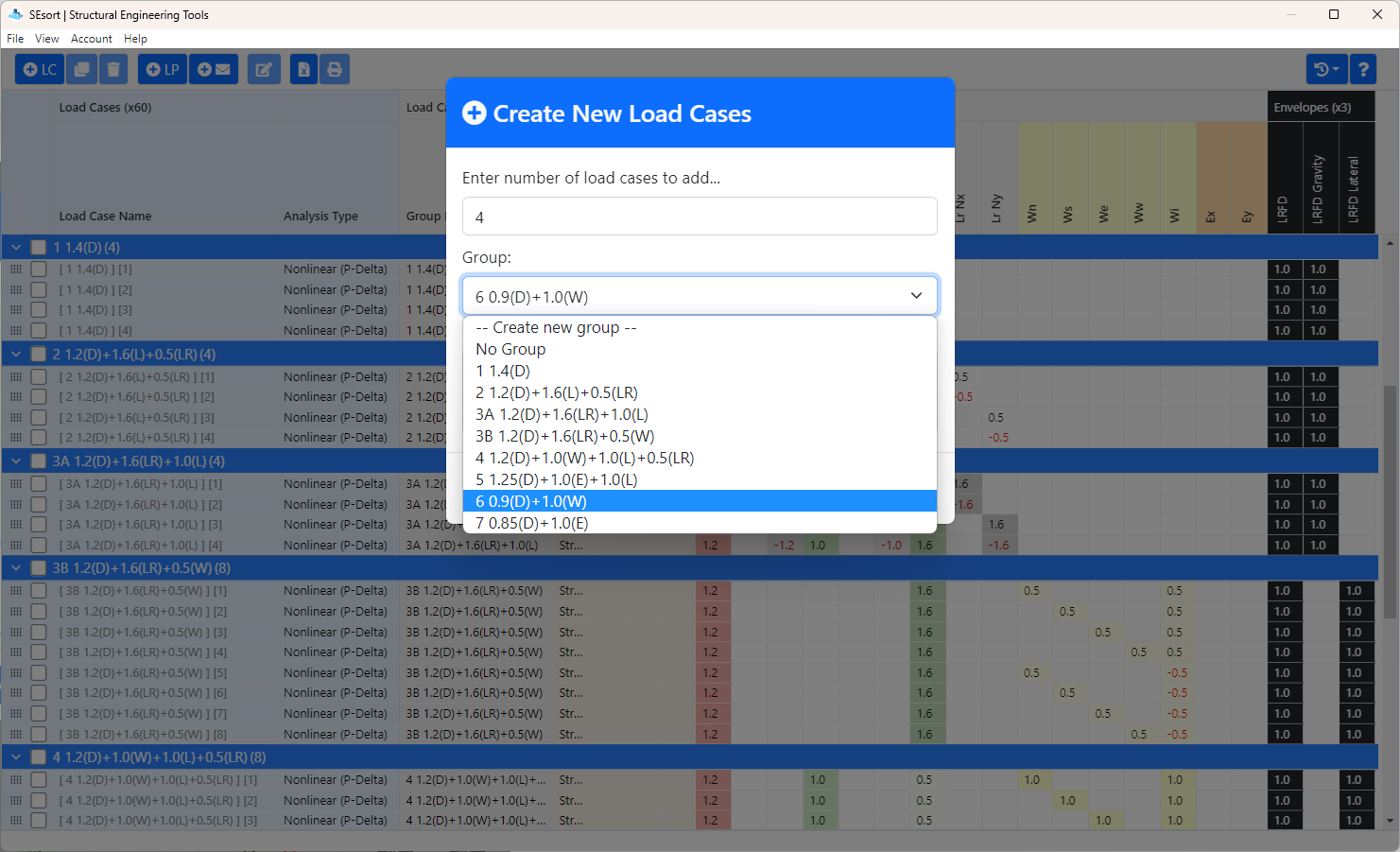 This menu is used to add Load Cases, including optional grouping.